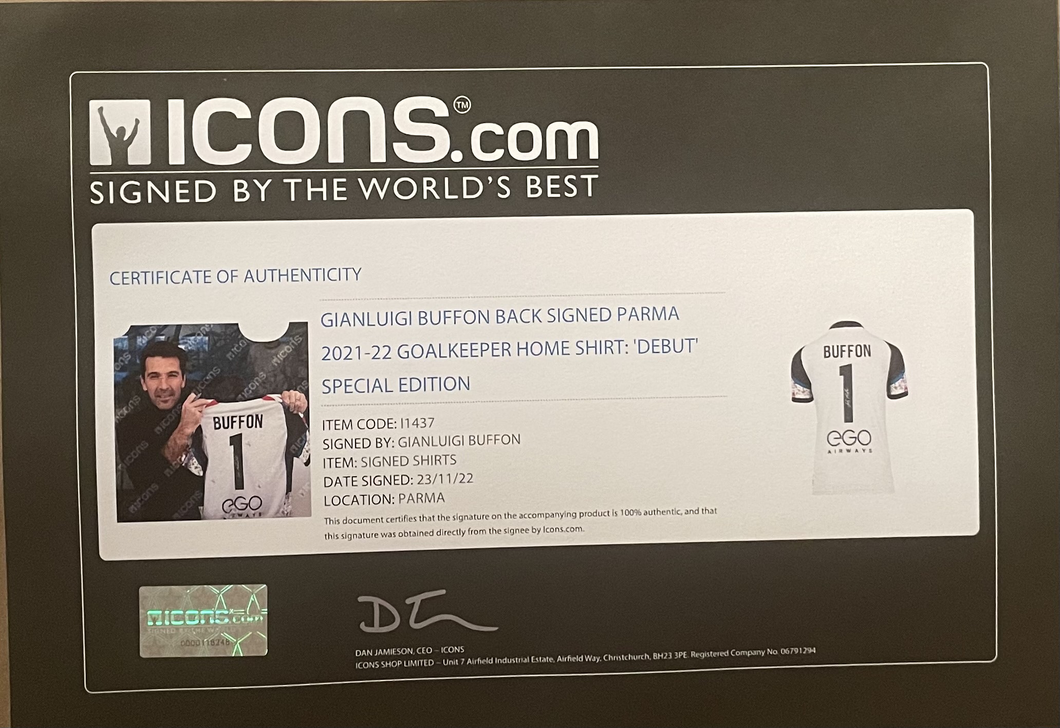 Gianluigi "GIGI" Buffon - Parma Calcio 1913 - Framed Autographed Jersey - Image 7