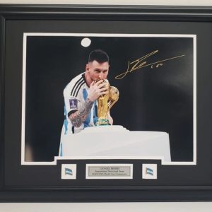 Lionel Messi - Argentina National Team - Autographed 2022 FIFA World Cup Framed Photo (Kissing Trophy)