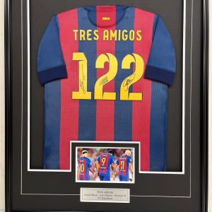 Lionel Messi – FC Barcelona – 122 Goals – MSN Line (Messi, Suarez, Neymar) - Framed Autographed Jersey