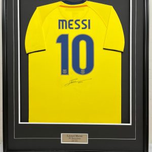 Lionel Messi – FC Barcelona – 2008-2010 Away Yellow Shirt – Framed Autographed Jersey