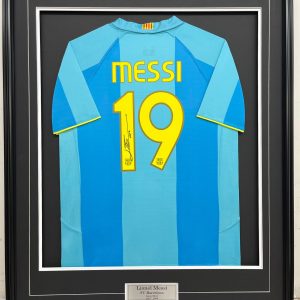 Lionel Messi – FC Barcelona – 2007-2009 Away Sky Blue (Turquoise) Shirt – Framed Autographed Jersey