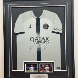 Lionel Messi & Kylian Mbappe – Paris Saint Germain – 2022-2023 – Framed Autographed Jersey (Away)